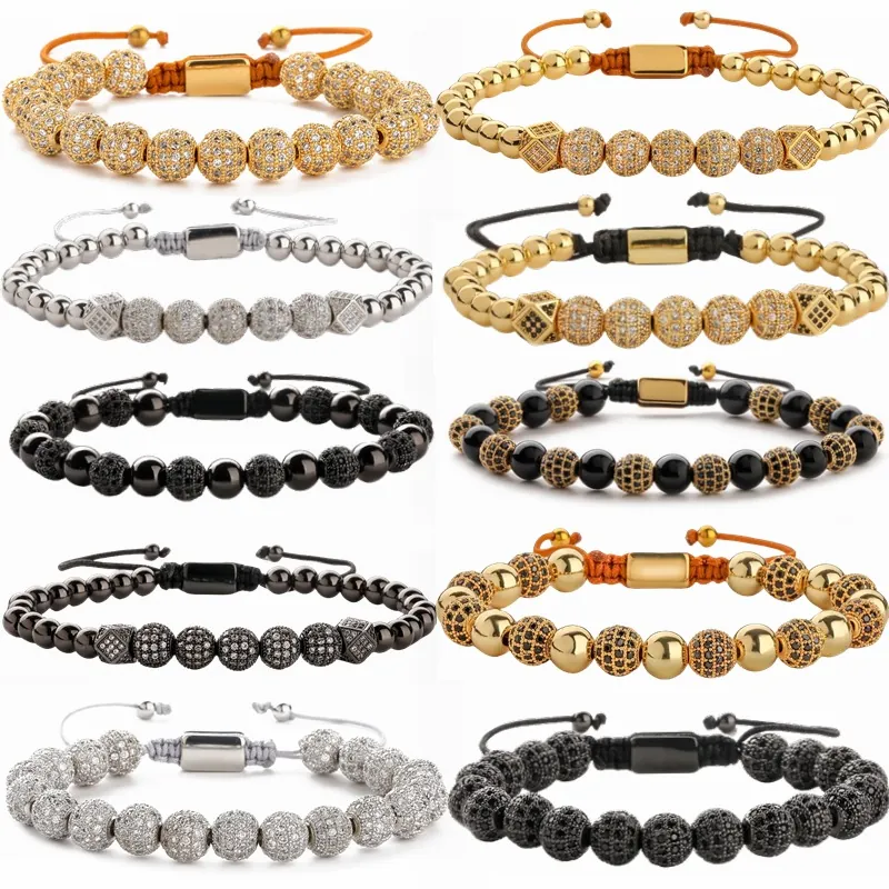 Bracelet Tressé En Perles De Cuivre Et Boule De Zircon Micro Pavé Corde Réglable Bijoux Hip Hop Pour Hommes Femmes