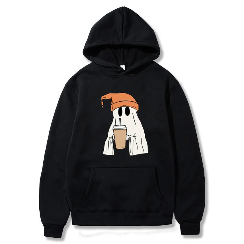 Felpa Cappuccio Uomo Poliestere Maglione Tasca Marsupio Halloween Cartoon Fantasma Beve Caffè Per Abbigliamento Casual