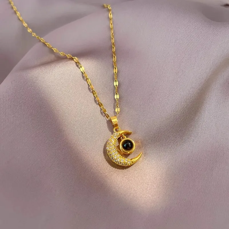 Moon Pendant Necklace Stainless Steel Micro Paved Cubic Zirconia Projection Stone Jewelry For Women