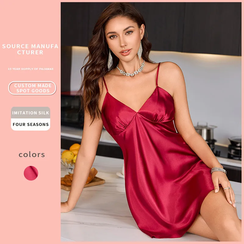Nuisette Pour Femmes En Imitation Satin Satin Col En V Fines Bretelles Sans Manches Robe De Nuit Sexy Pour La Maison