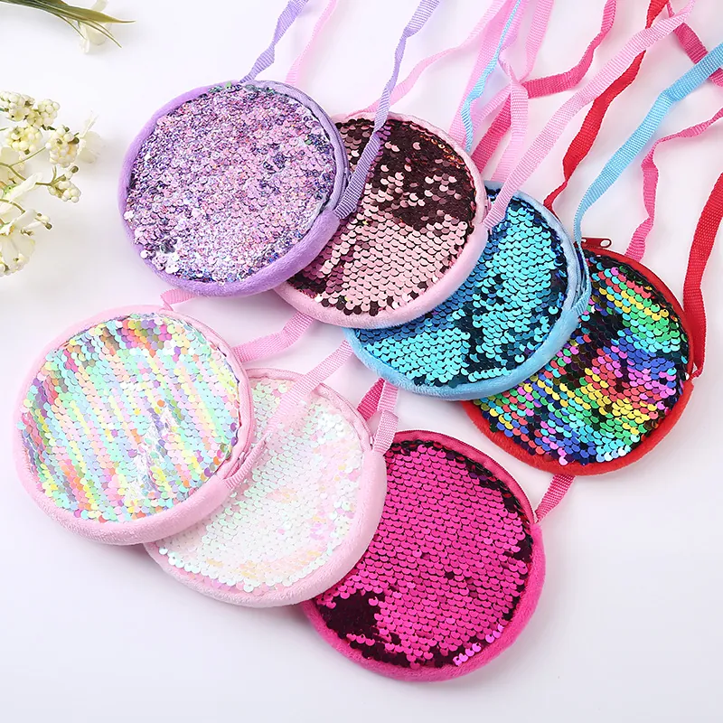 Kids Round Sequin Crossbody Bag Cute Princess Girls Plush Shoulder Purse Mini Glitter Toddler Handbag Mermaid Style