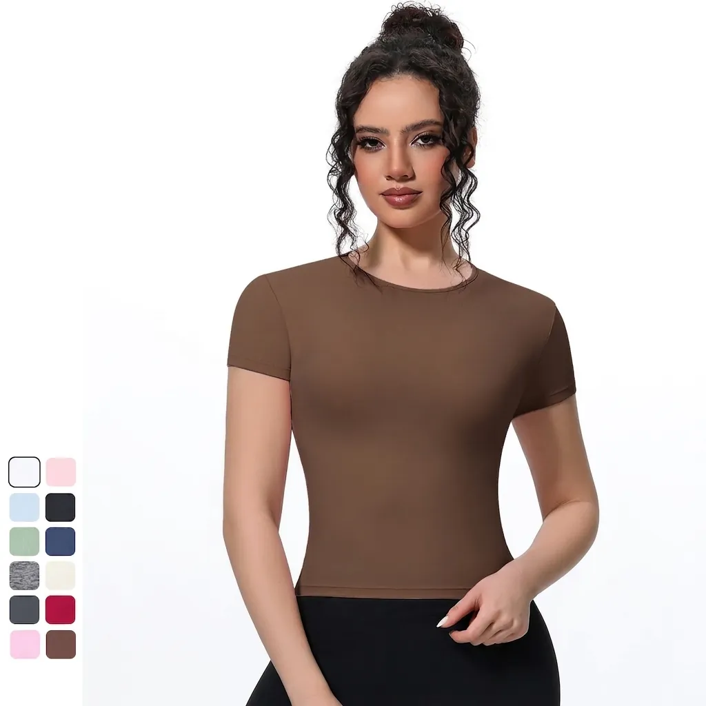 Women's Slim Fit Yoga T-Shirt Moisture Wicking Breathable Short Sleeve Top For Running Gym Fitness Training Solid Color Activewear
