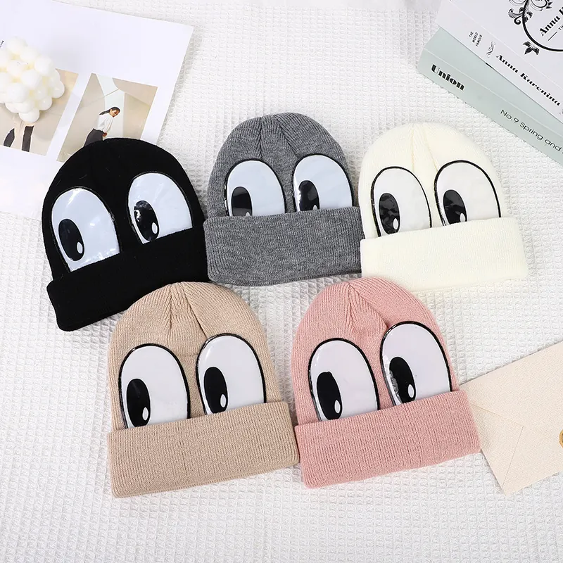 Kids Knitted Beanie Hat Warm Winter Acrylic Skull Cap With Cartoon Big Eyes For Toddler Boys Girls