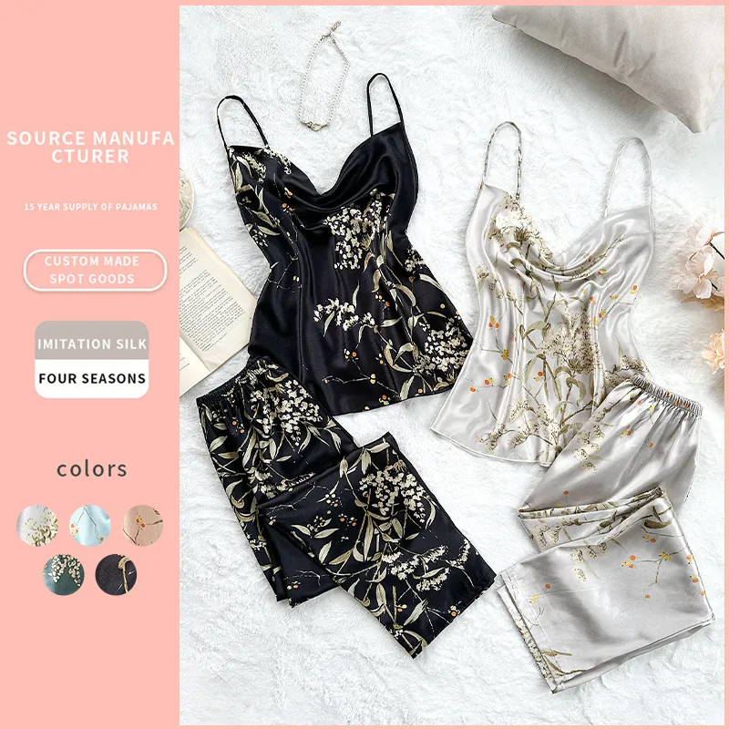 Women Loungewear Pajama Top And Pants Imitation Satin Satin Floral Print V-Neck Adjustable Strap Sleepwear Casual Home