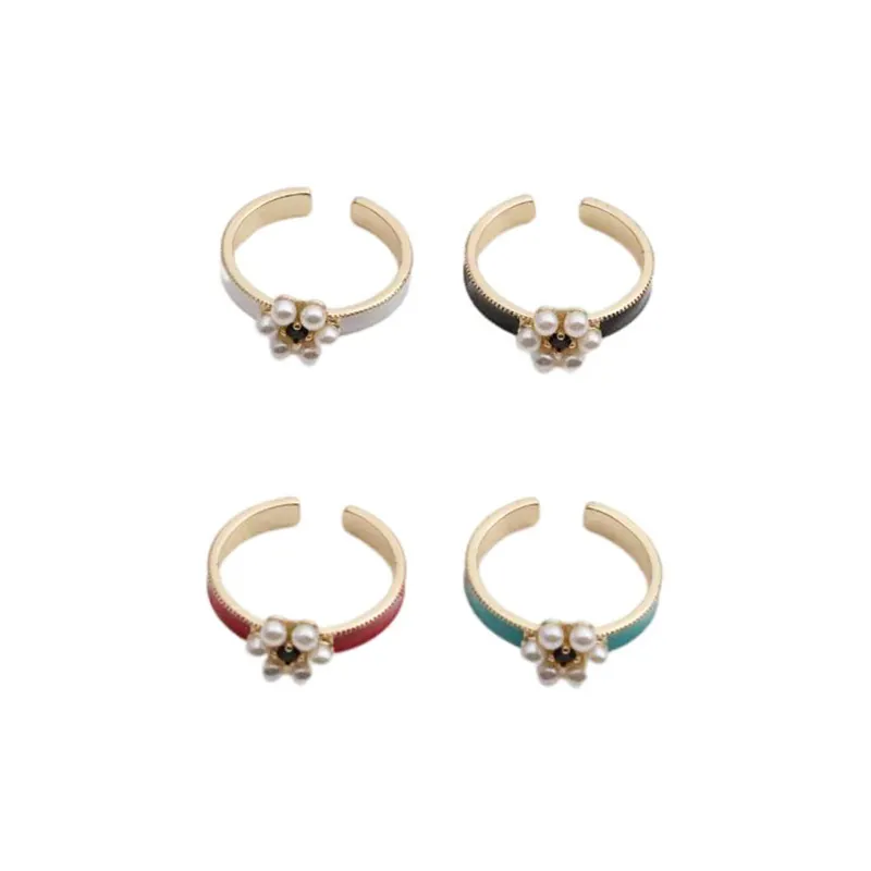 Blumen Emaille Offener Verstellbarer Ring Kupfer Vergoldet Mit Künstliche Perlenimitat Und Zirkonia Mode Schmuck Damen