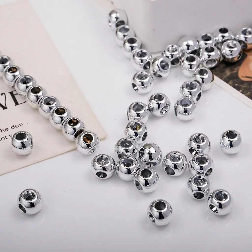 Electroplated Acrylic Round Beads Metallic Silver Luster Large Hole Spacer For DIY Jewelry Bracelet Necklace Phone Strap