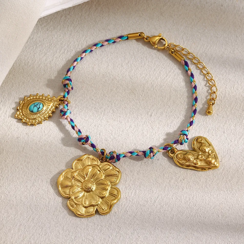 Bracciale Corda Intrecciata Bohémien Acciaio Inossidabile Oro 18K Cordino Colorato Ciondoli Fiore Cuore Donna