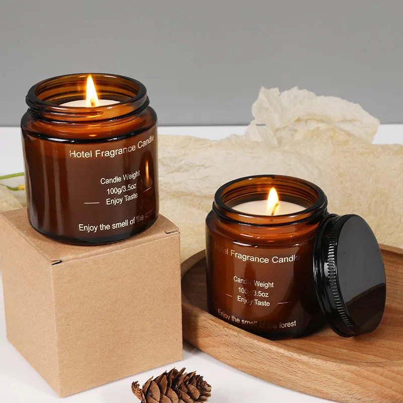 Scented Candle Soy Wax Amber Glass Jar With Metal Lid Hotel Fragrance Forest Scent Aromatherapy Home Decor Nordic Style