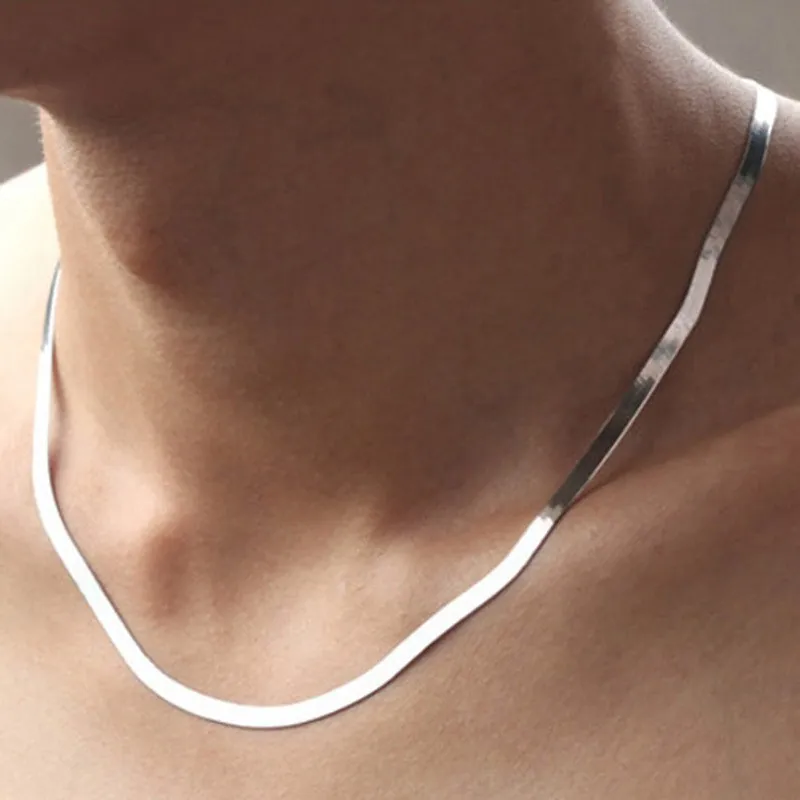 Flat Herringbone Chain Necklace Stainless Steel Minimalist Snake Bone Link Polished Unisex Elegant Choker Jewelry