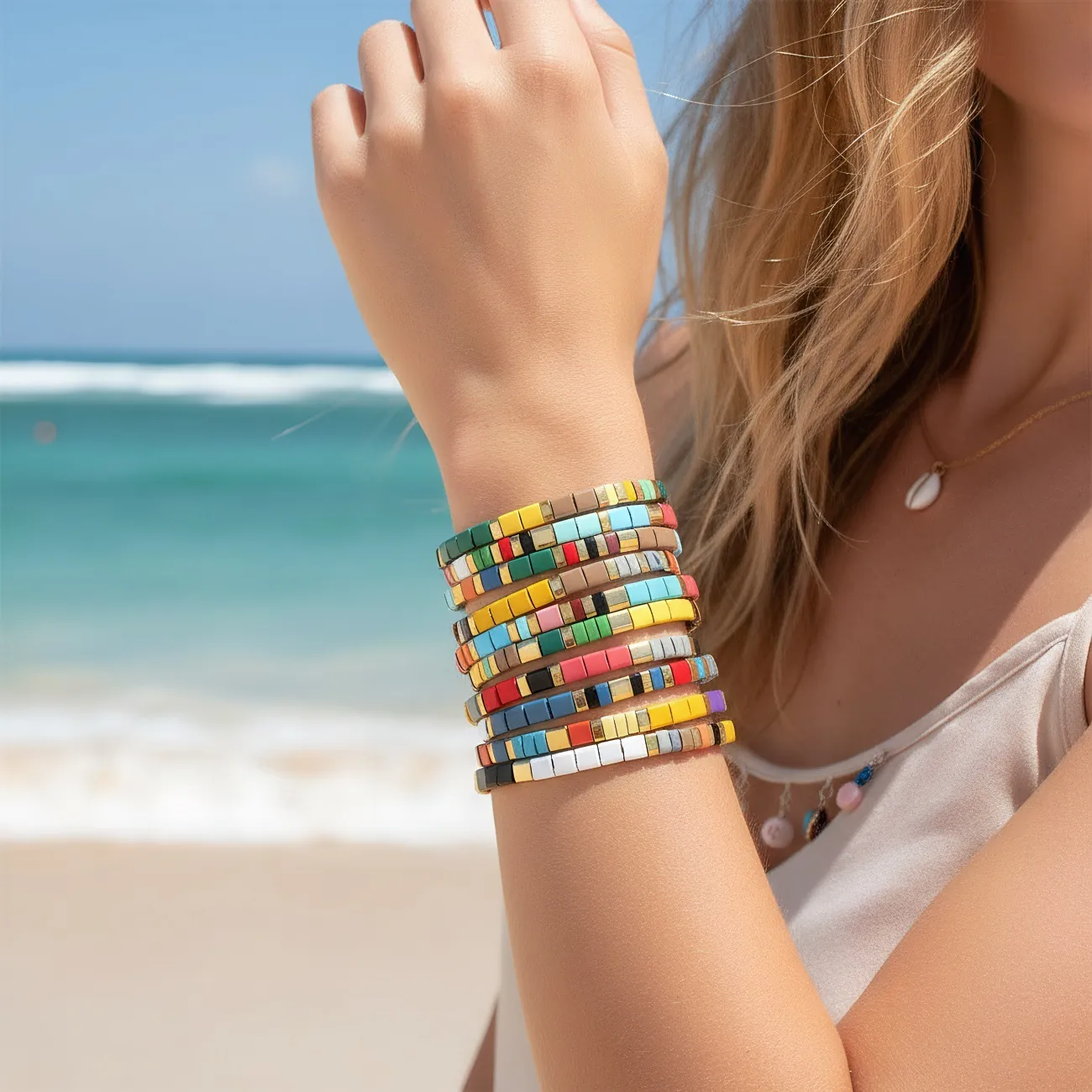 Bohemian Enamel Tila Bead Bracelet For Women Summer Beach Colorful Elastic Stretch Jewelry Accessory