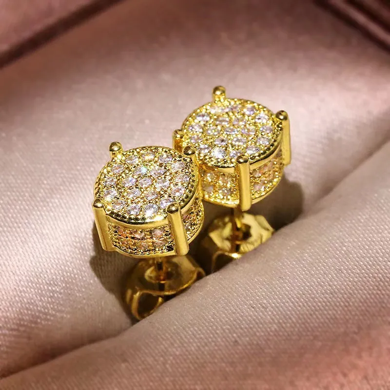 Pave Round Stud Earrings Iced Out Cubic Zirconia Hip Hop Fashion Geometric Alloy Sparkling Jewelry For Men And Women
