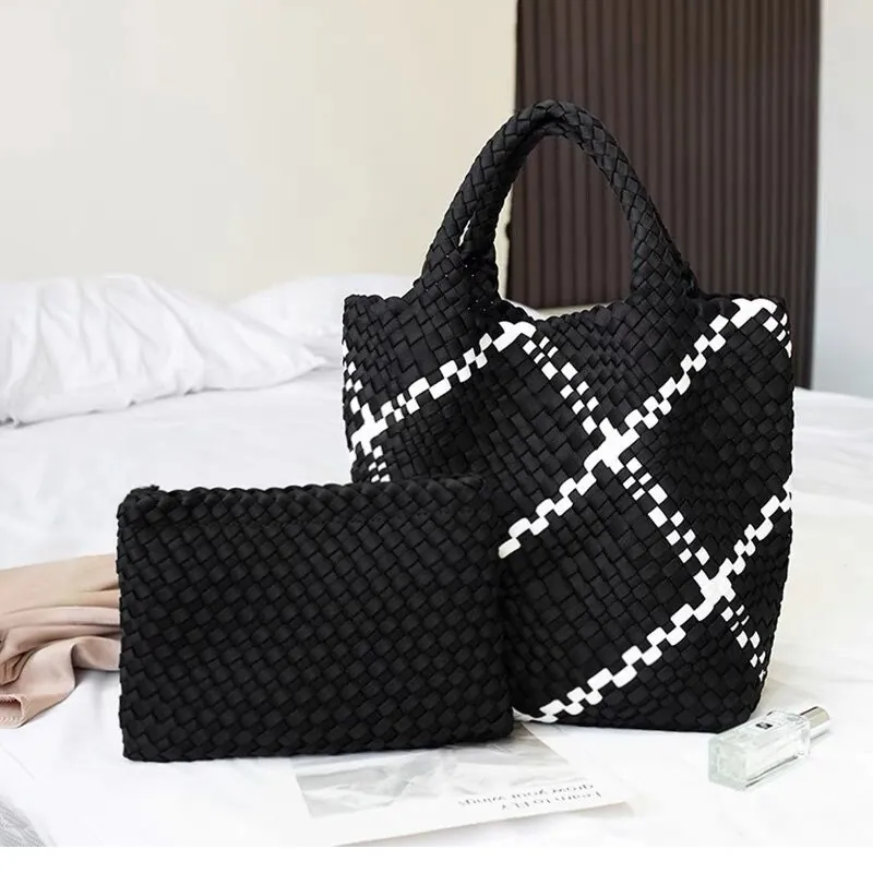 Retro Woven Neoprene Large Tote And Zipper Pouch Versatile Casual Fashion Accessory For Women