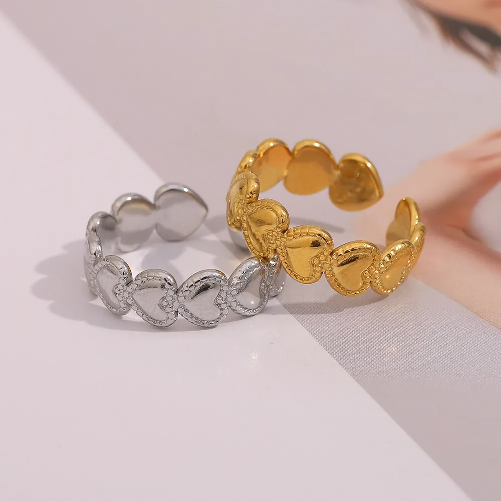 Heart Shape Open Ring Stainless Steel 18K Gold Plated Beaded Edge Adjustable Romantic Sweet Jewelry For Women