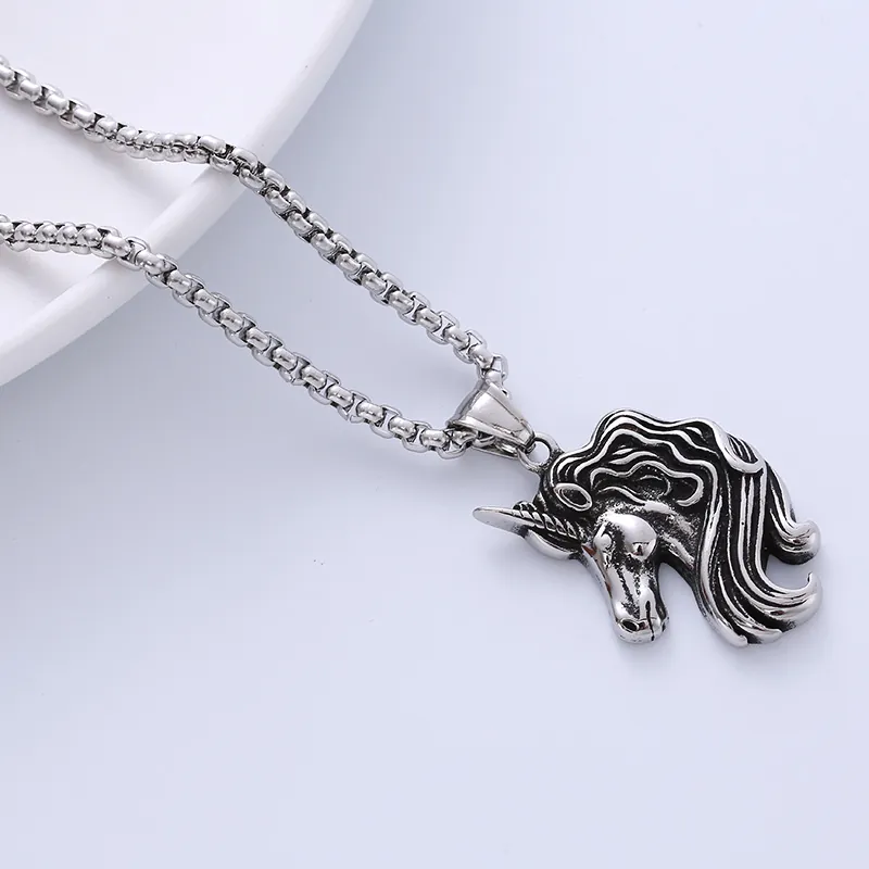 Vintage Unicorn Head Pendant Necklace 316L Stainless Steel Retro Punk Hip Hop Jewelry For Men Silver Color
