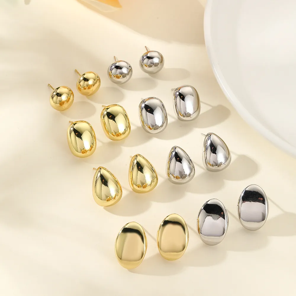 Minimalist Geometric Copper Stud Earrings For Women 18K Gold Plated Smooth Metallic Water Drop Oval Ball Jewelry