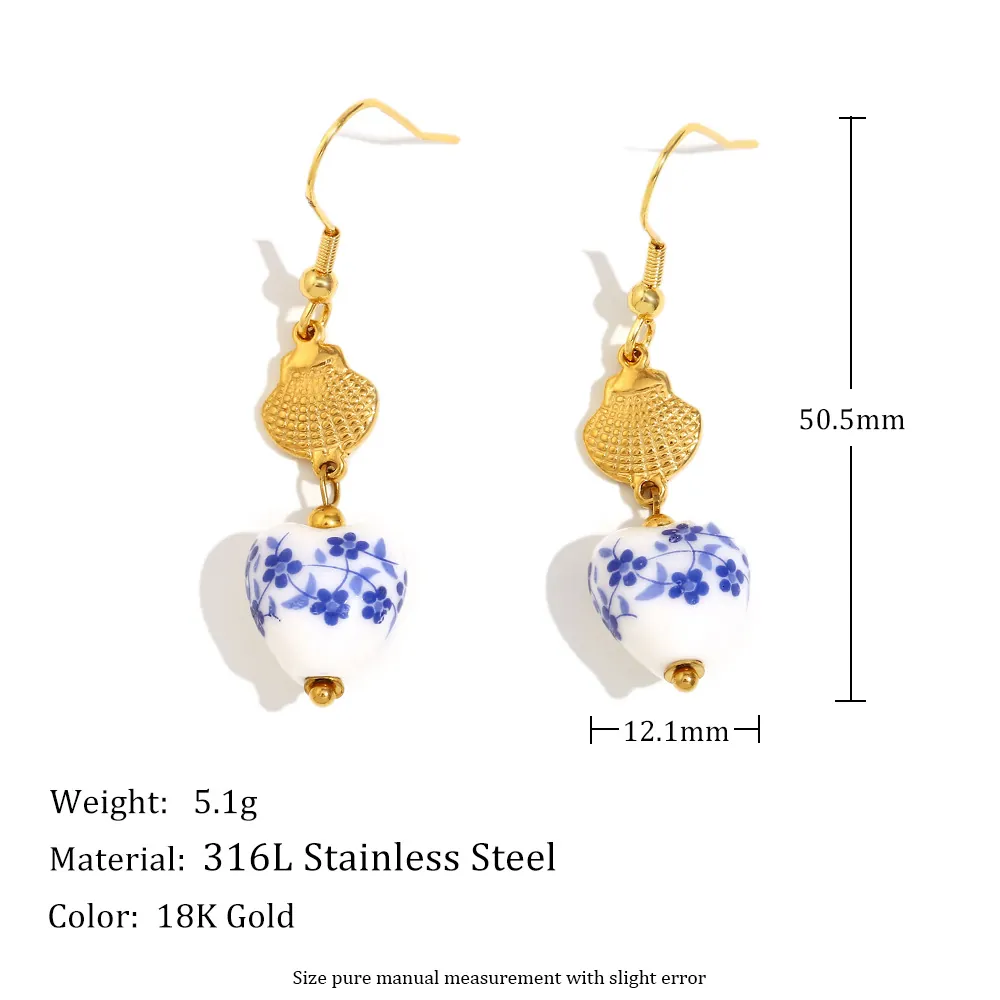 Vintage Herz Hänger Ohrringe Edelstahl 18K Vergoldet Blau Weiß Porzellan Keramik Muschel Schicker Schmuck Frauen