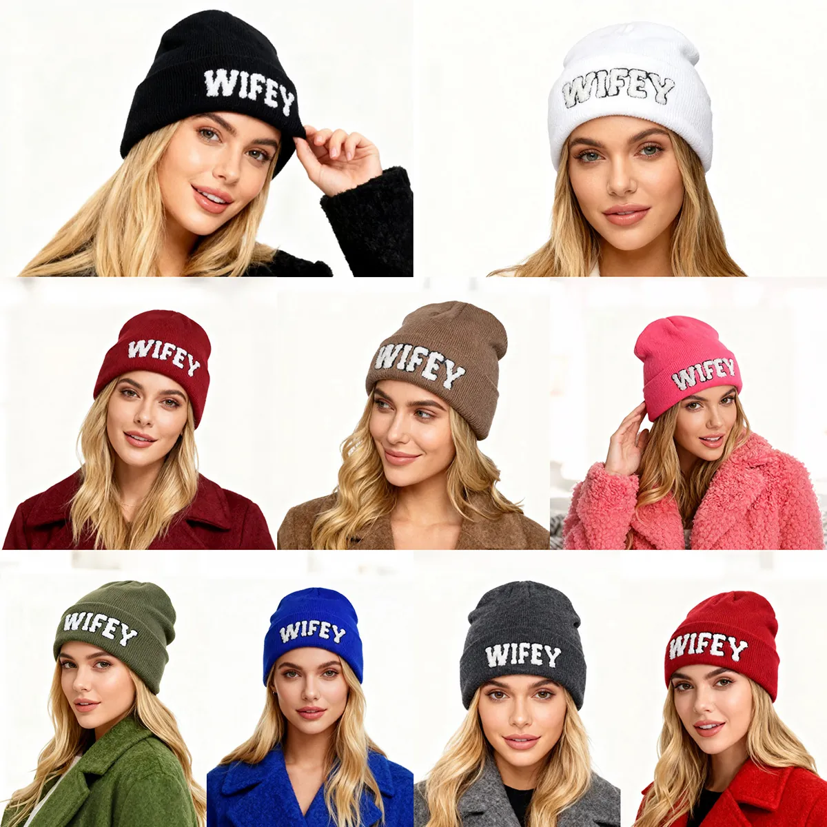 Bonnet En Maille Brodé Wifey Hiver Chaud Extérieur Acrylique Doux Couvre-Chef Décontracté Pour Femmes