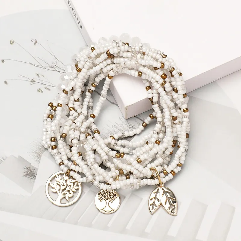 Bohemian Layered Glass Seed Bead Bracelet With Tree Of Life Leaf Alloy Pendants Elastic Vintage Ethnic Jewelry For Women