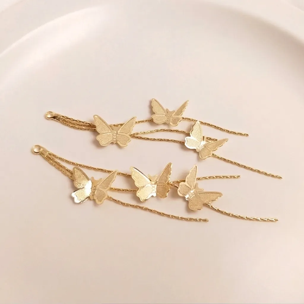 Butterfly Tassel Pendant Gold Plated Copper DIY Earring Making Charms Triple Strand Fairy Jewelry Accessories