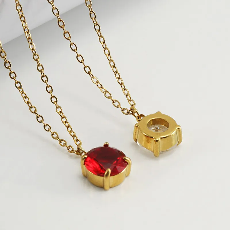 Round Zircon Pendant Necklace 18K Gold Plated Stainless Steel Four Claw Solitaire Jewelry For Women Fashion