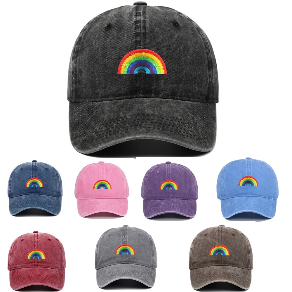 Rainbow Embroidery Washed Cotton Baseball Cap Retro Distressed Style Adjustable Outdoor Sun Protection Dad Hat