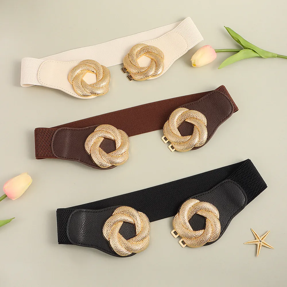 Women Elastic Corset Belt Faux Leather Stretch Waistband Metal Interlocking Buckle Fashion Dress Decoration