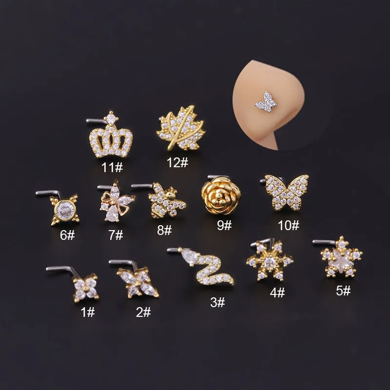 Butterfly Crown Flower Nose Studs Stainless Steel Copper Micro Pave Zircon Piercing Jewelry Fashion For Women