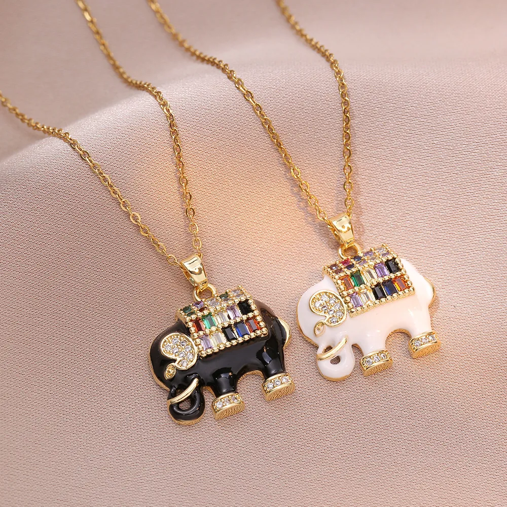 Collana Pendente Elefante Acciaio Inossidabile Placcato Oro Con Zircone Colorato Strass Smalto Gioielli Di Moda Per Donne