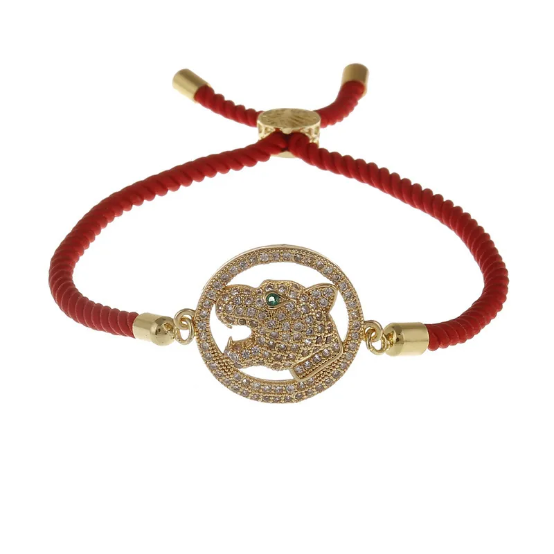 Leopard Head Bracelet Copper Micro Pave Cubic Zirconia Adjustable Rope Beaded Milan String Animal Jewelry For Women