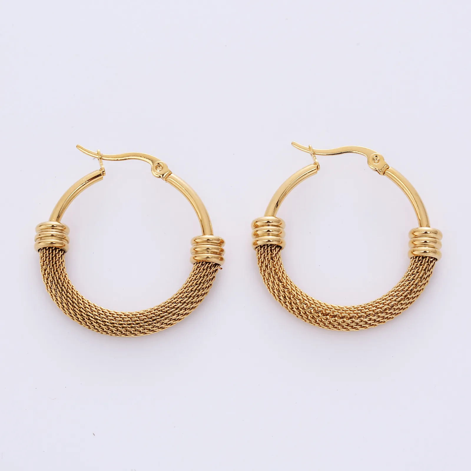Mesh Woven Texture Hoop Earrings 316L Stainless Steel 18K Gold Plated Round Circle Retro Fashion Jewelry For Women