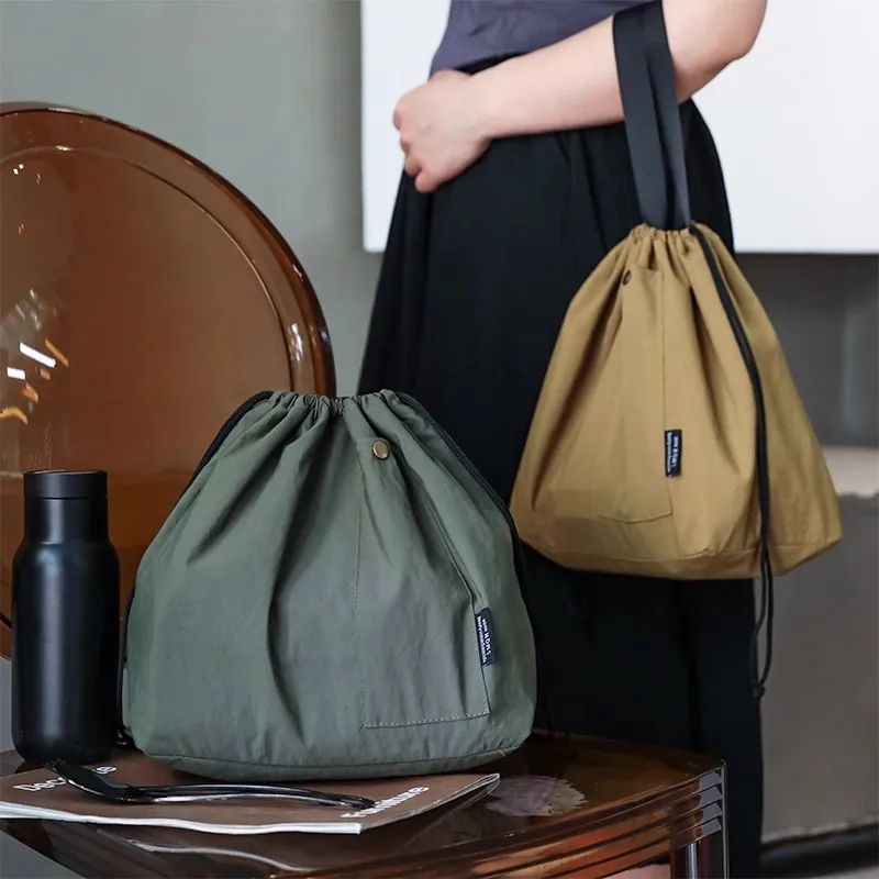 Insulated Lunch Bag Waterproof Nylon Drawstring Portable Bento Pouch For Office School Students Solid Color Side Pocket