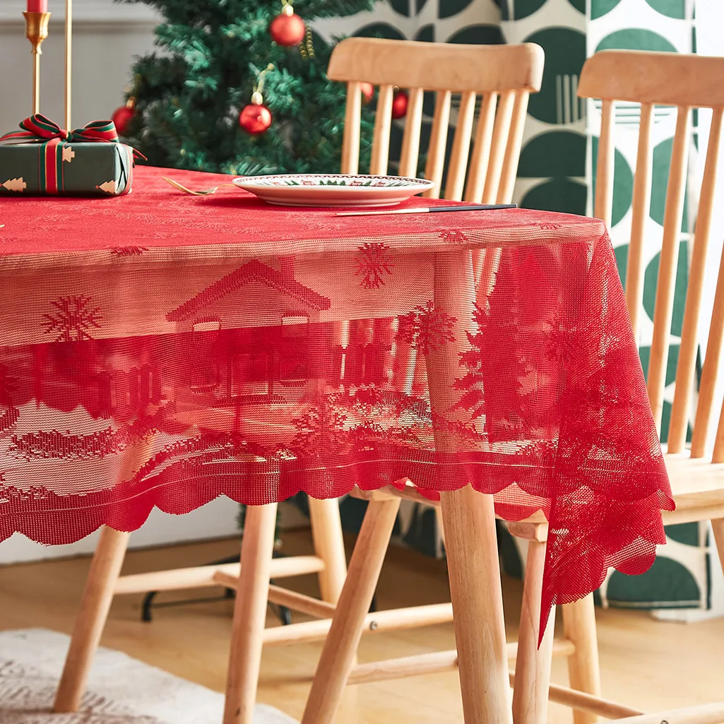 Red Christmas Tablecloth Lace Snowflake House Pattern Hollow Out Festive Table Decor For Party Holiday Dining Home