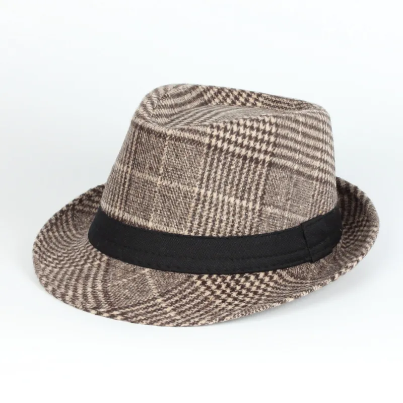 Retro Plaid Fedora Hat British Style Jazz Cap With Decorative Ribbon Band Polyester Cotton Warm Autumn Winter