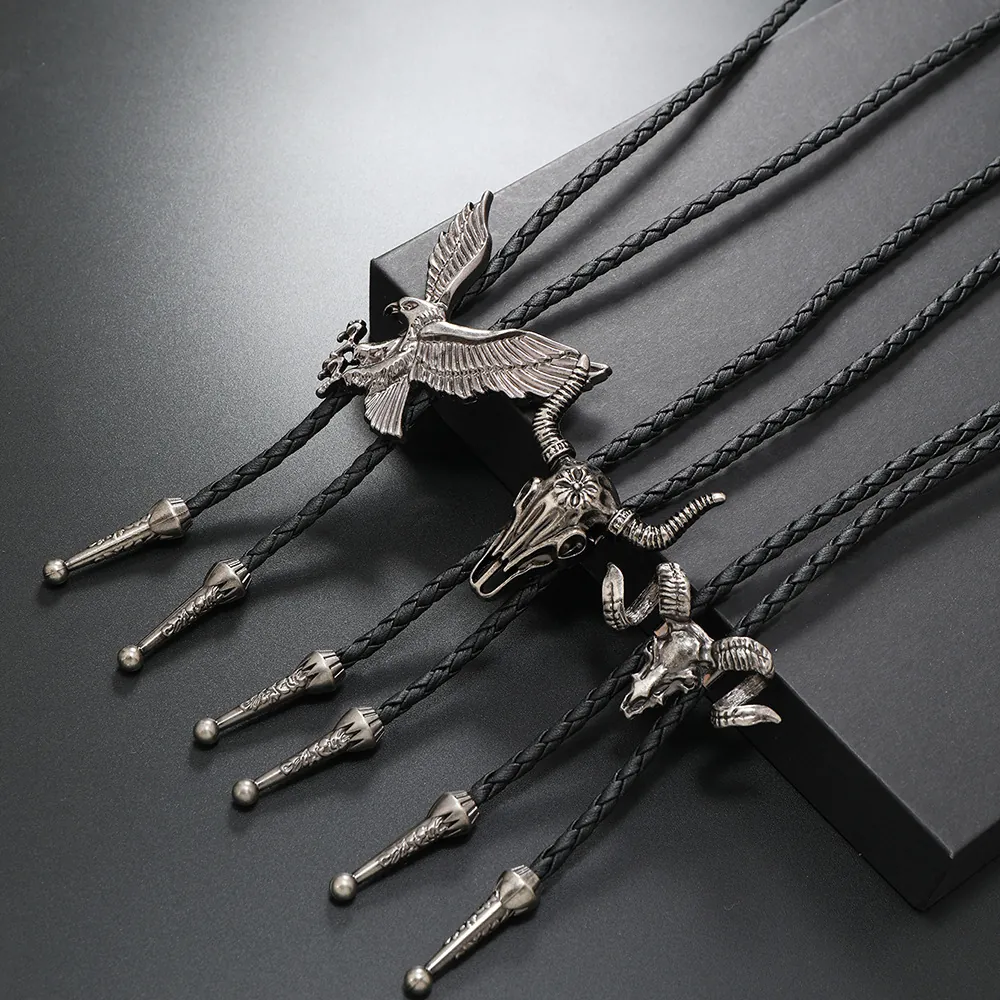 Vintage Western Cowboy Bolo Tie Alloy Eagle Bull Skull Pendant Braided Leather Rope Necklace Retro Punk Neckwear