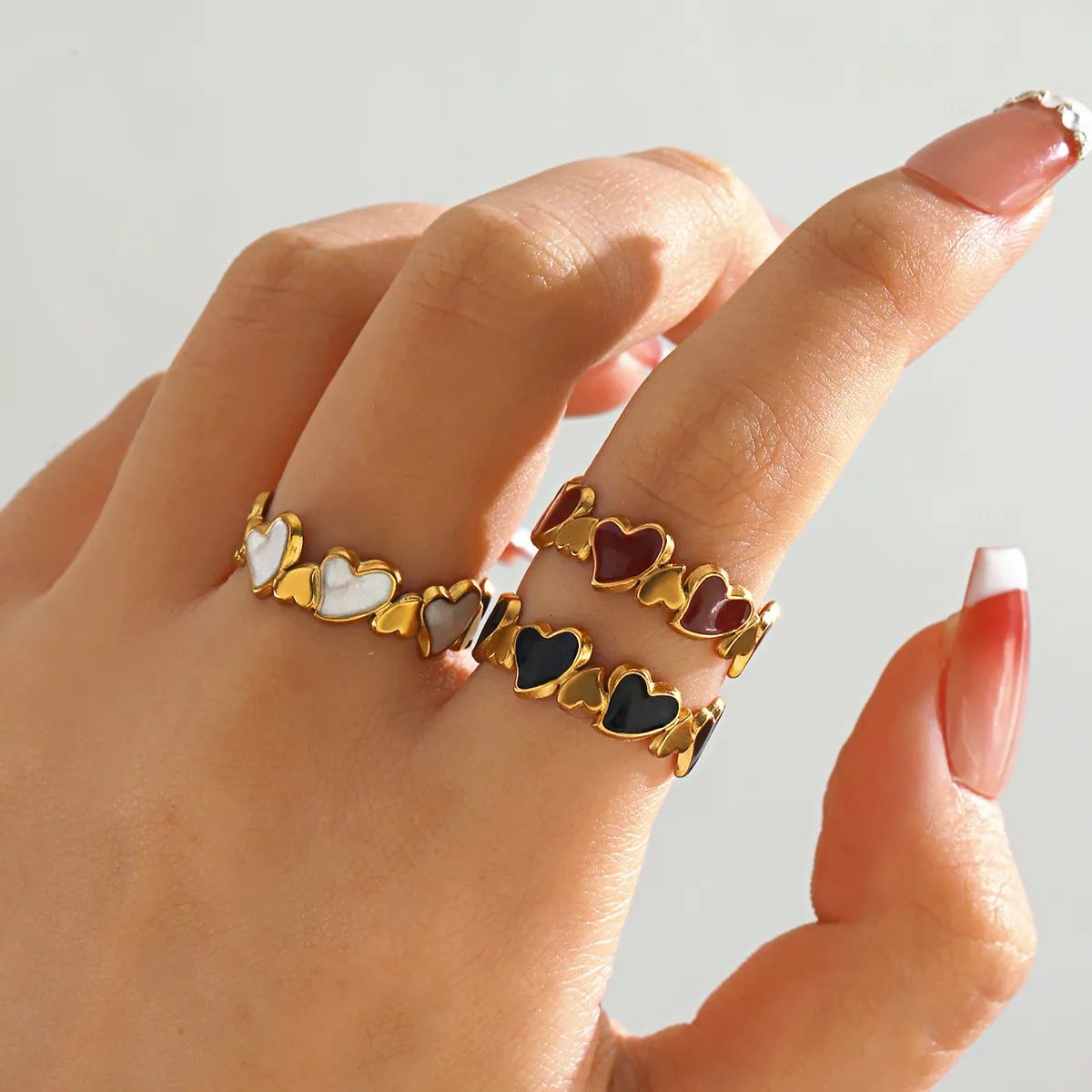 Stainless Steel Heart Ring Gold Plated Enamel Drip Oil Adjustable Open Band Vintage Fashion Jewelry For Women