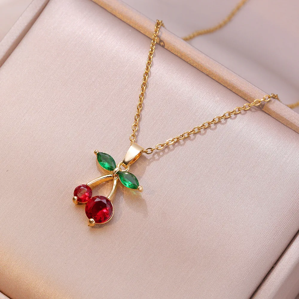 Cherry Pendant Necklace Stainless Steel Gold Plated Red Green Rhinestone Sweet Elegant Jewelry For Women