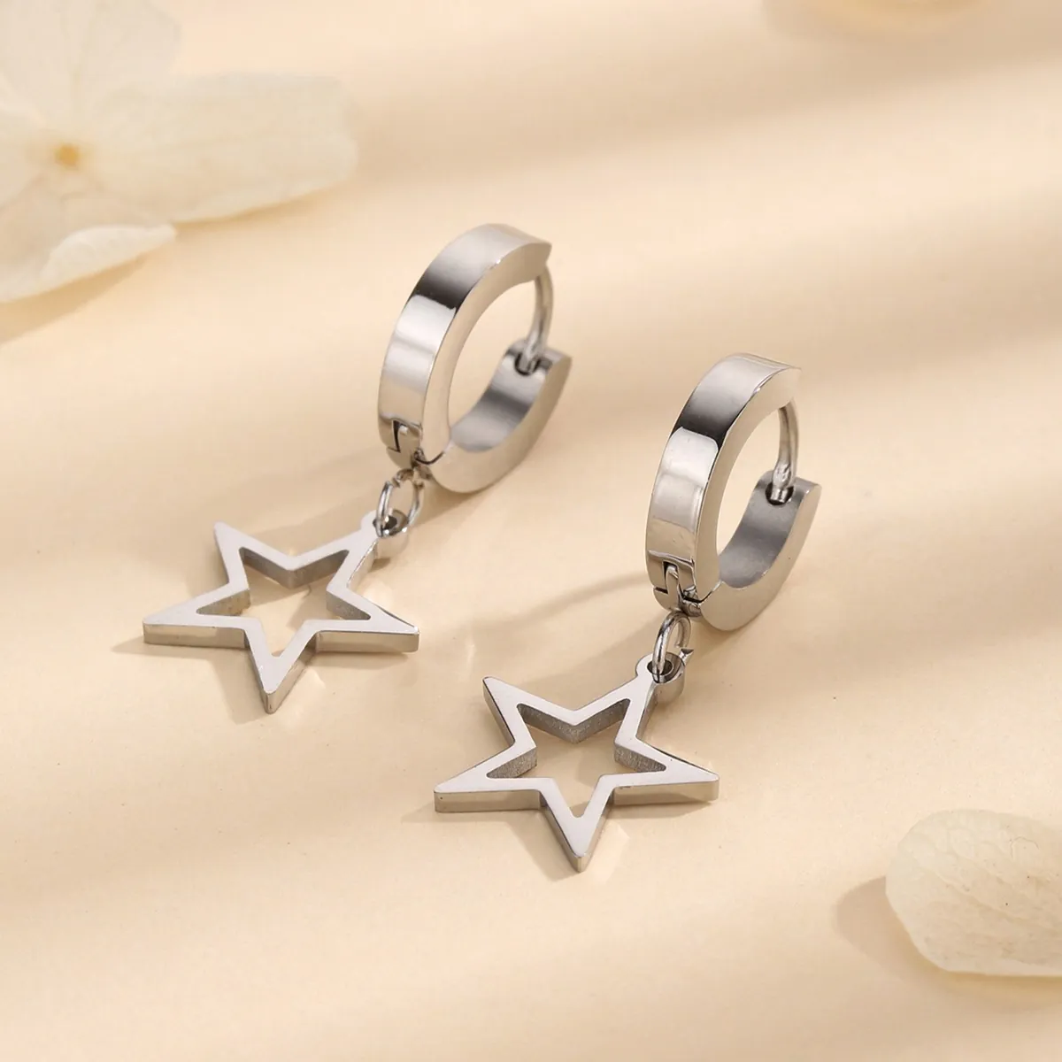 Hollow Star Pendant Huggie Hoop Earrings Stainless Steel Minimalist Geometric Fashion Jewelry For Women Men