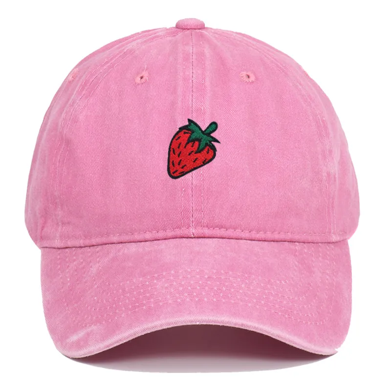 Strawberry Embroidery Washed Cotton Baseball Cap Vintage Distressed Sun Protection Adjustable Hat