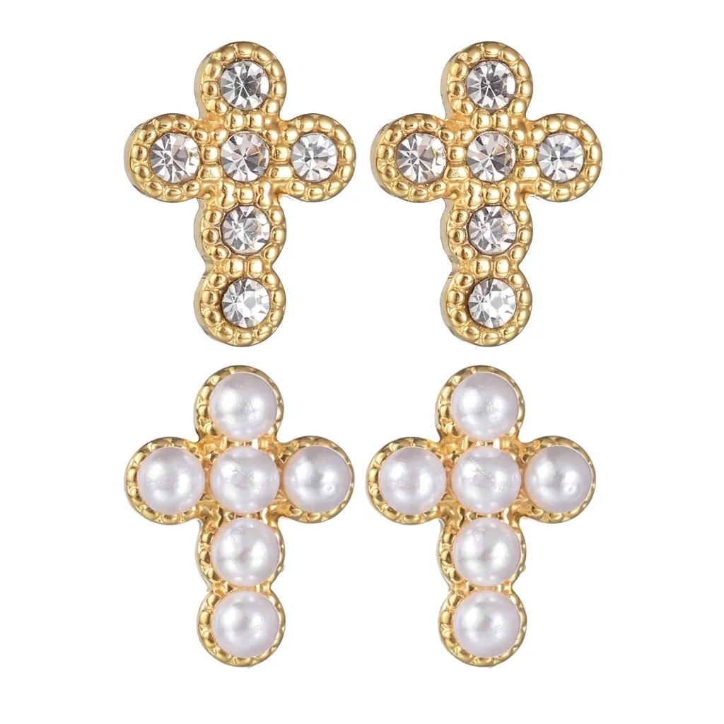 Cross Stud Earrings Retro French Style Dainty Stainless Steel Rhinestone Artificial Pearl Vintage Religious Jewelry For Women