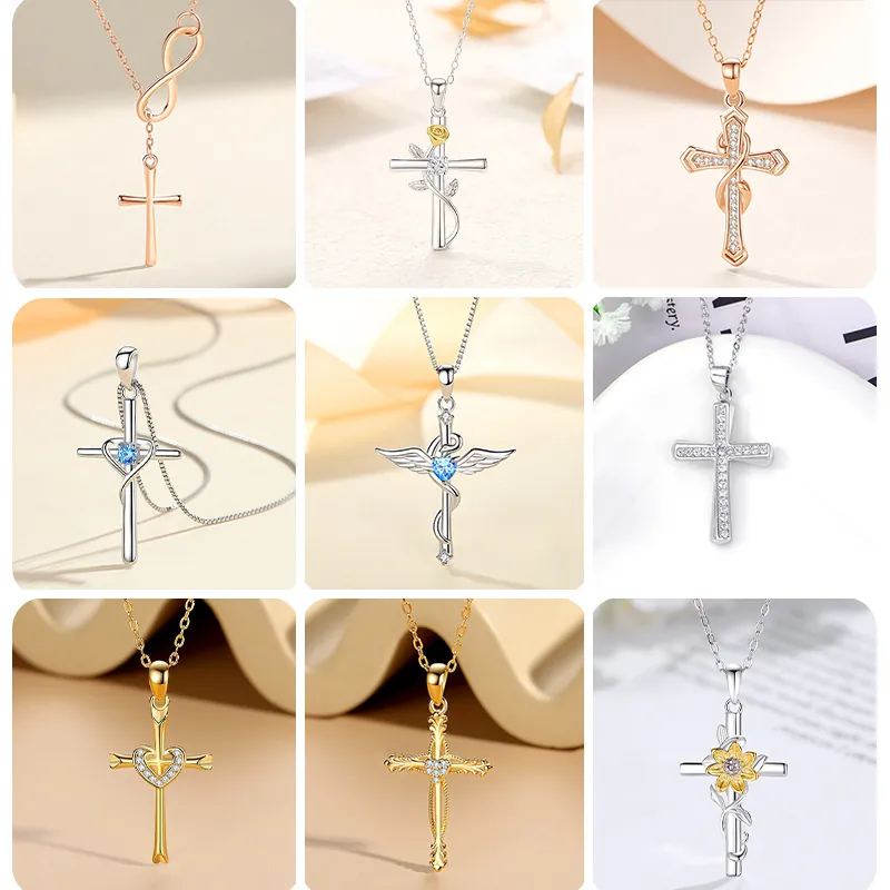 925 Sterling Silver Cross Pendant Necklace For Women Vintage Religious Heart Sunflower Infinity Rhinestone Clavicle Chain Jewelry Gift