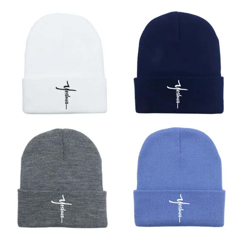 Stricksbeanie Mütze Yeshua Buchstaben Stickerei Kreuz Design Winter Warm Acryl Mode Umschlagmütze Für Herren Damen