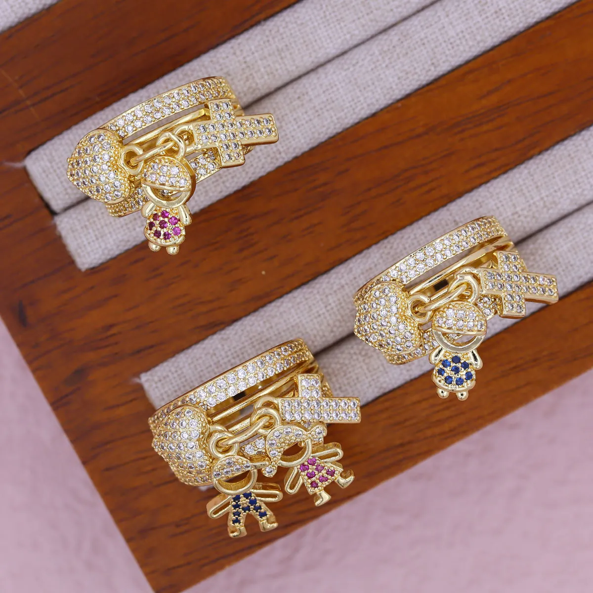 Gold Plated Copper Ring With Cubic Zirconia Heart Cross Boy Girl Charms Adjustable Open Multi Layer Ring For Women