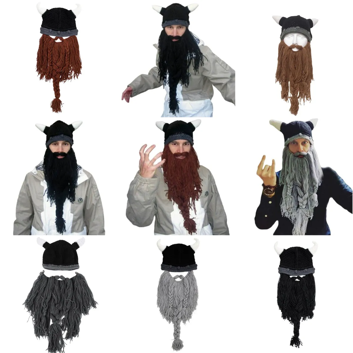 Handmade Viking Beard Knit Hat Winter Warm Crochet Horn Beanie Funny Party Cosplay Mask Cap For Men Women Viking Warrior Hat
