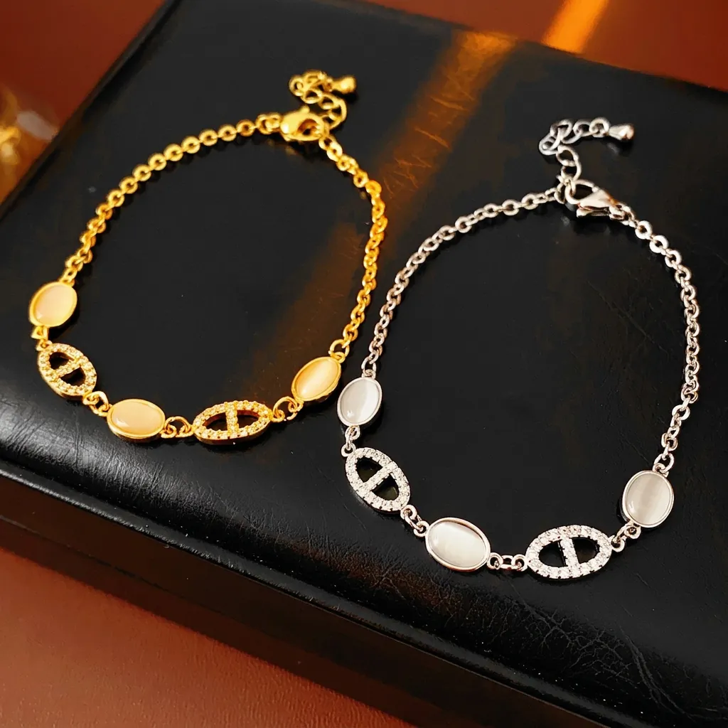 Bracelet Élégant Avec Pierre Oeil De Chat Et Maillon Nez De Porc En Zircon Bijou Tendance Femme Ajustable