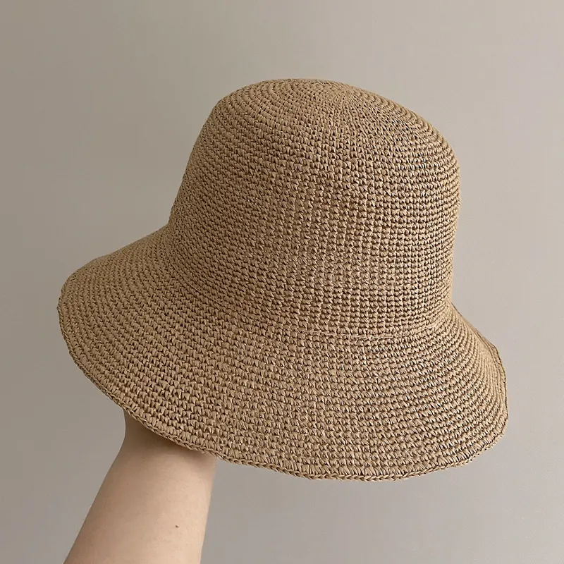 Handmade Crochet Straw Bucket Hat Wide Brim Sun Protection Summer Beach Fisherman Hat For Women Foldable Breathable