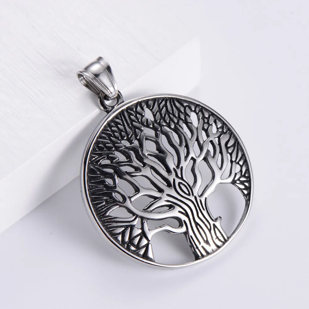 Tree Of Life Pendant Necklace 304 Stainless Steel Hollow Round Nordic Viking Style Vintage For Men Women