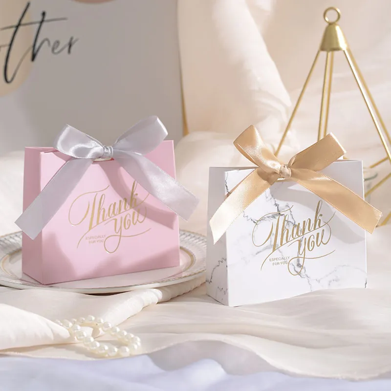 Elegant Wedding Favor Boxes Paper Candy Bags With Ribbon Bow Thank You Foil Print Party Gift Packaging For Guests