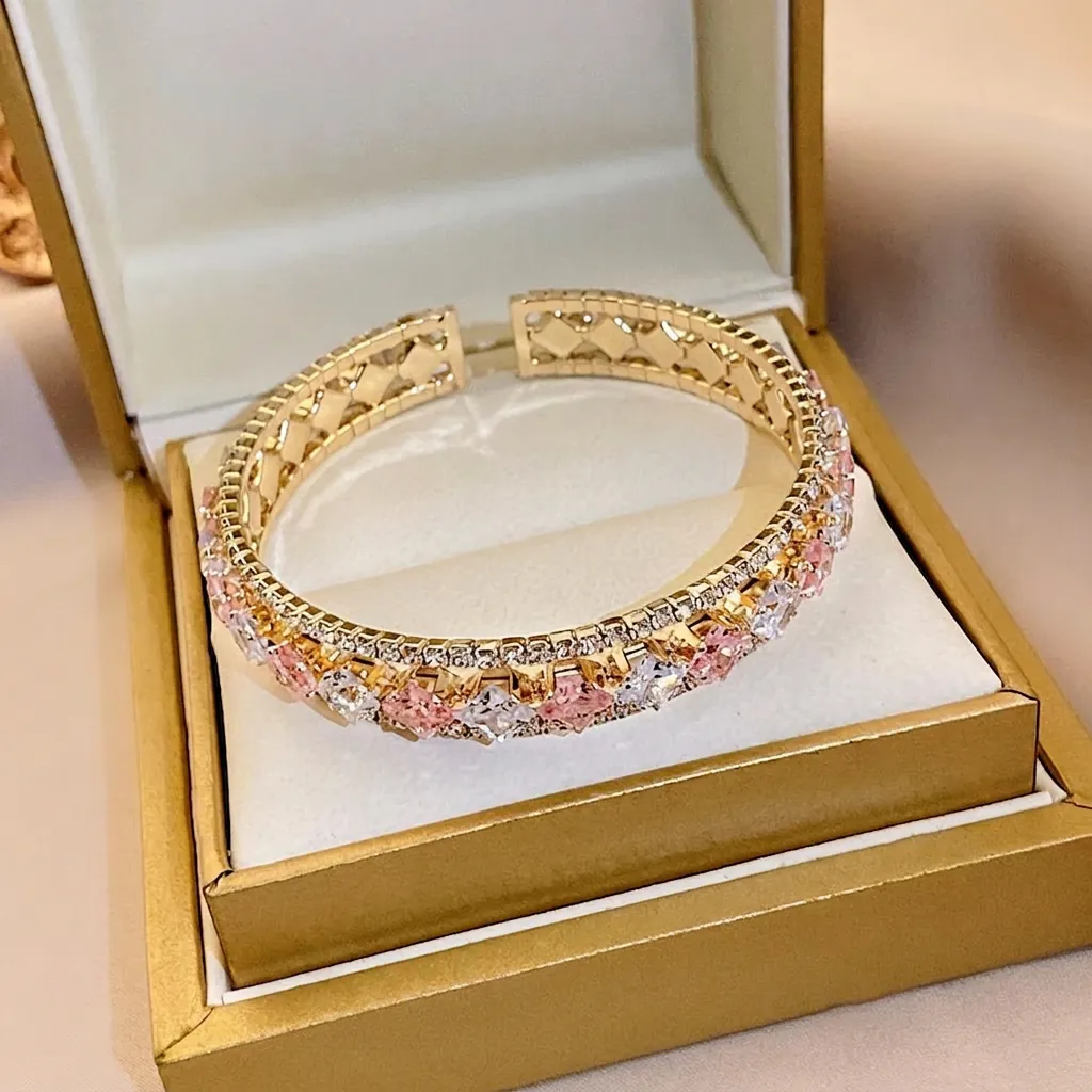 Bracelet Jonc Ouvert Creux Géométrique Cuivre Zircone Cubique Rose Blanc Réglable Luxe Mode Bijoux Femmes