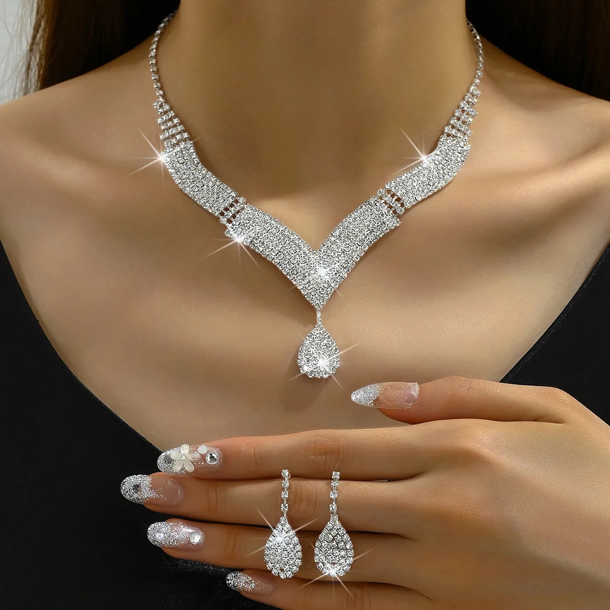 Elegant Silver Plated Rhinestone V-Shape Necklace Teardrop Earrings Bracelet Ring Bridal Wedding Jewelry For Women
