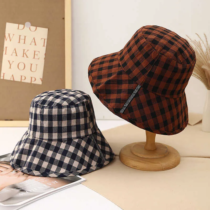 Women Plaid Bucket Hat Foldable Cotton Linen Checkered Sun Protection Summer Casual Fisherman Cap Japanese Style